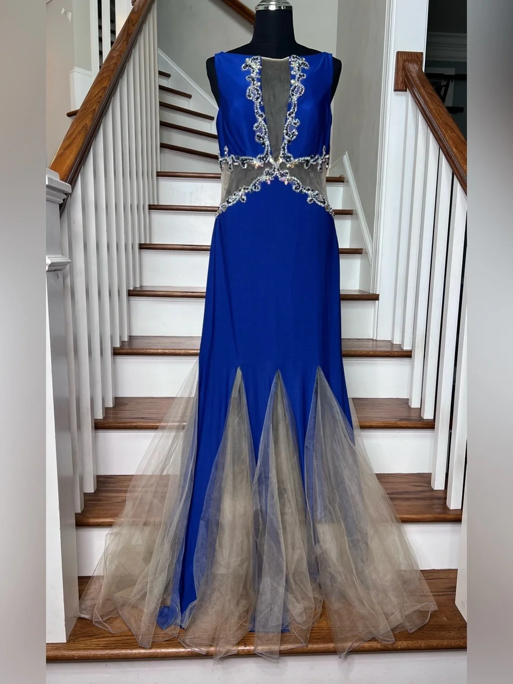 Dave & Johnny Royal Blue Crystal Beaded Illusion Mermaid Gown Size 10